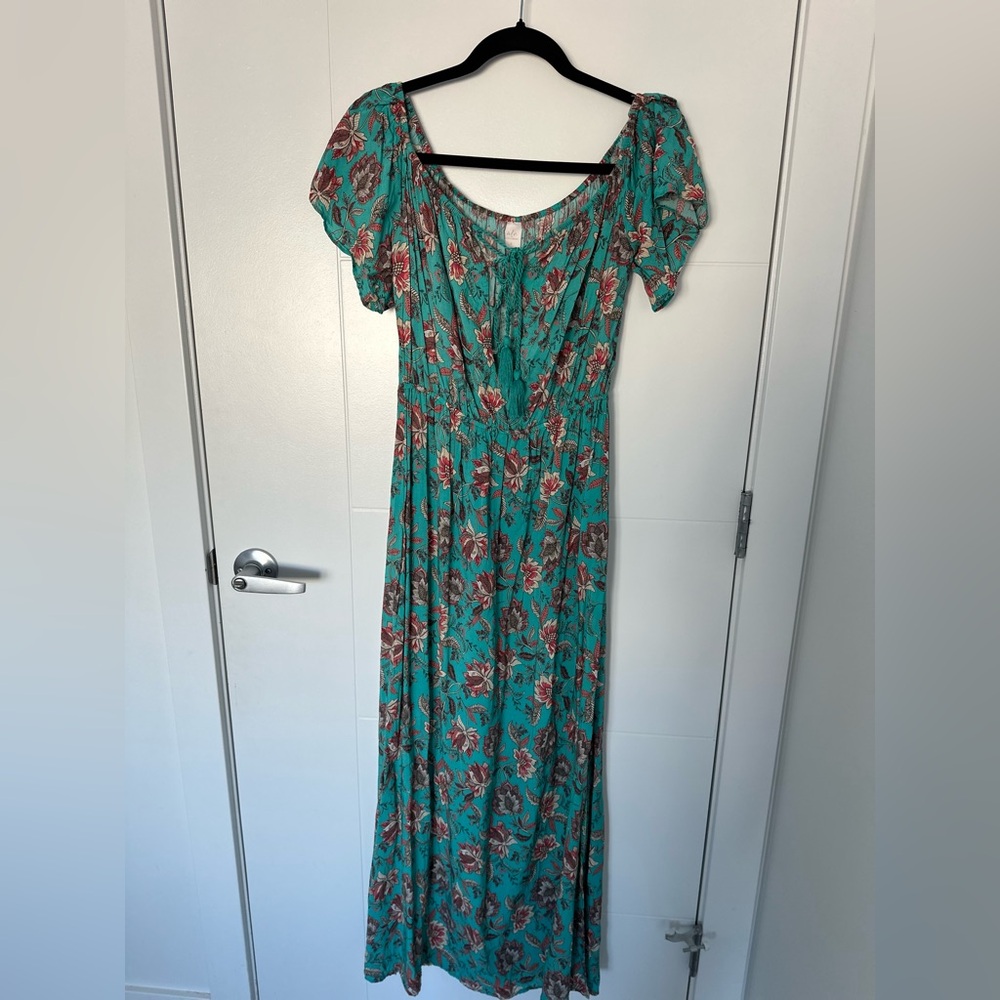 Ale by Alessandra x Revolve Floral Maxi Dress Green Boho Puff Sleeve Size S